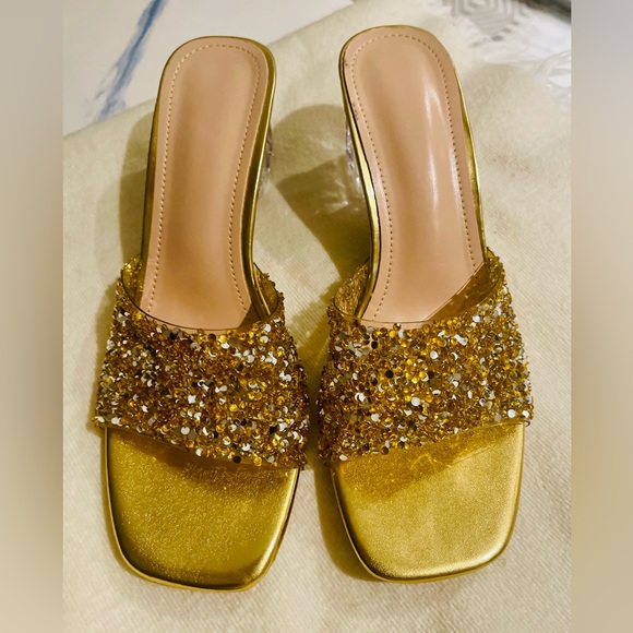Brand New! Never been used Slides! With Gold decor and Clear Block heel! - Picture 3 of 8